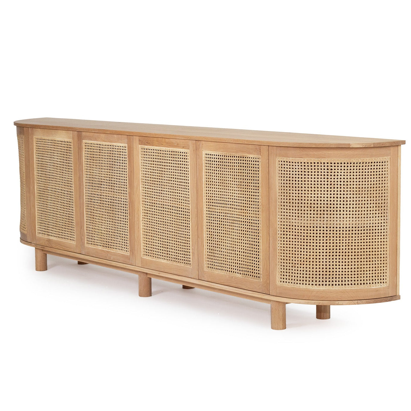 Curved edge Beach Six Door Sideboard in solid American oak with woven natural rattan doors.