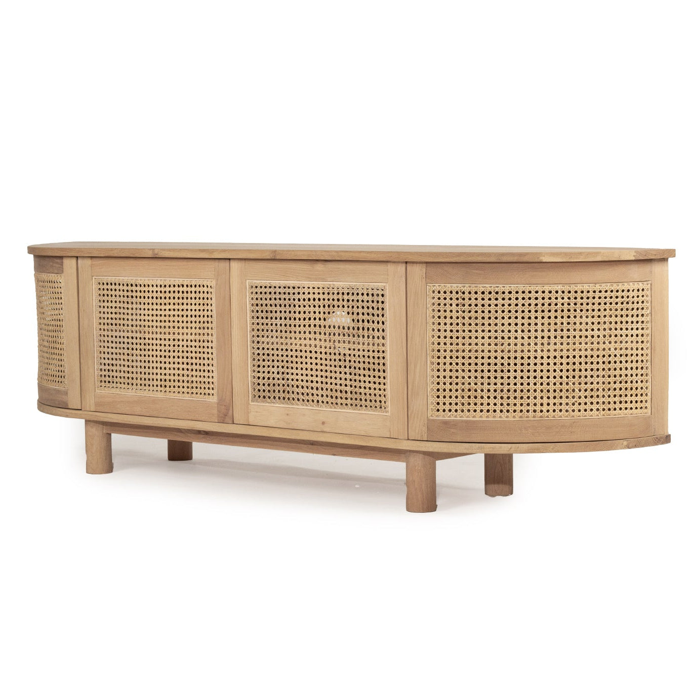 Solid oak 4 door entertainment unit with curved edges and rattan doors angled front view