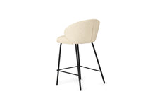 Load image into Gallery viewer, Bellevue Counter Stool with padded natural fabric seat and back, slim black powder-coated steel frame, modern elegant design. Back angle perspective.