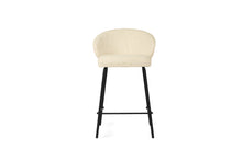 Load image into Gallery viewer, Bellevue Counter Stool with padded natural fabric seat and back, slim black powder-coated steel frame, modern elegant design. Front perspective.