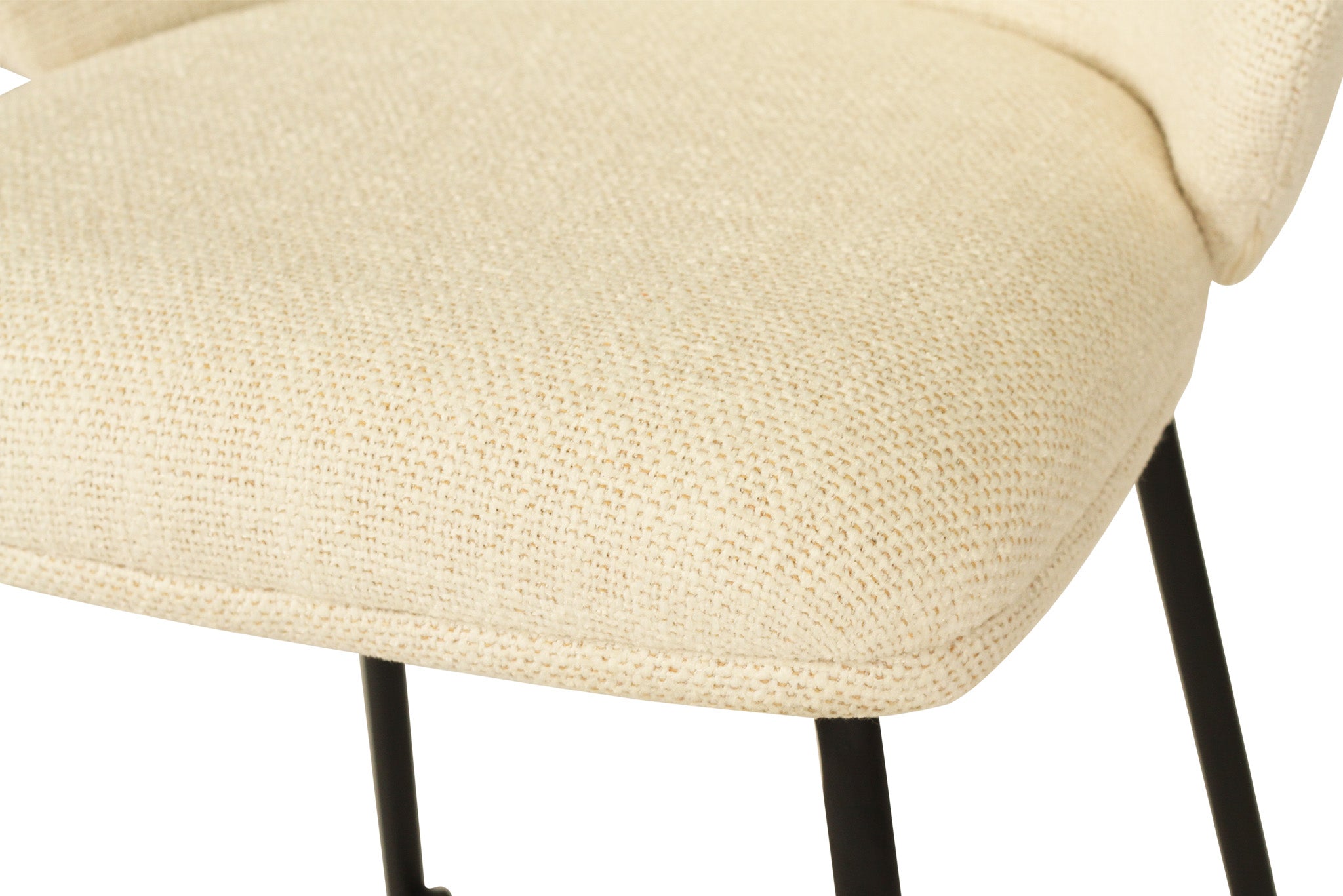 Bellevue Counter Stool with padded natural fabric seat and back, slim black powder-coated steel frame, modern elegant design.  Seat.