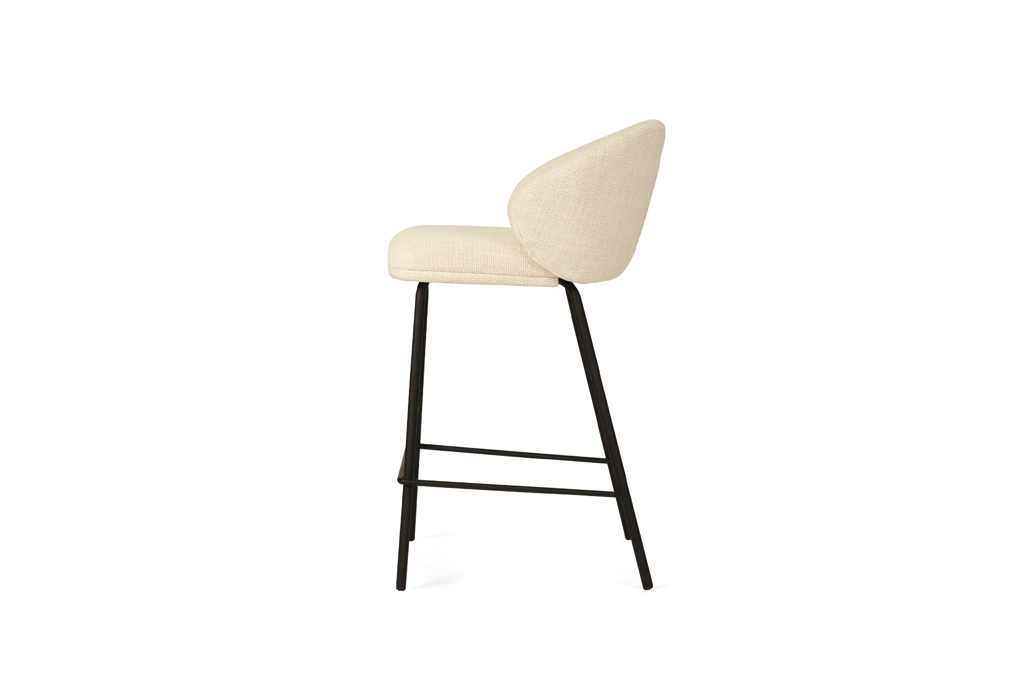 Bellevue Counter Stool with padded natural fabric seat and back, slim black powder-coated steel frame, modern elegant design. Side perspective.
