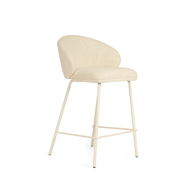 Bellevue Counter Stool with padded Natural fabric seat and back, slim white powder-coated steel frame, modern elegant design.
