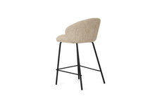 Load image into Gallery viewer, Bellevue Counter Stool with padded Pebble fabric seat and back, slim black powder-coated steel frame, modern elegant design. Back Angle perspective.