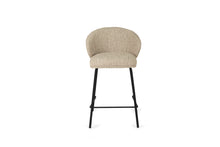 Load image into Gallery viewer, Bellevue Counter Stool with padded Pebble fabric seat and back, slim black powder-coated steel frame, modern elegant design. Front perspective 1.