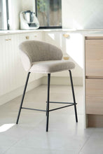Load image into Gallery viewer, Bellevue Counter Stool with padded Pebble fabric seat and back, slim black powder-coated steel frame, modern elegant design. Beautifully styled in this modern home.