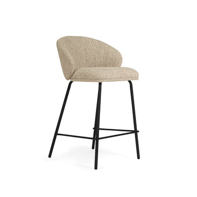 Bellevue Counter Stool with padded Pebble fabric seat and back, slim black powder-coated steel frame, modern elegant design