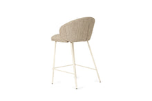Load image into Gallery viewer, Bellevue Counter Stool with padded Pebble fabric seat and back, slim white powder-coated steel frame, modern elegant design. Back angle perspective.