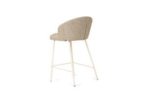 Bellevue Counter Stool with padded Pebble fabric seat and back, slim white powder-coated steel frame, modern elegant design. Back angle perspective.