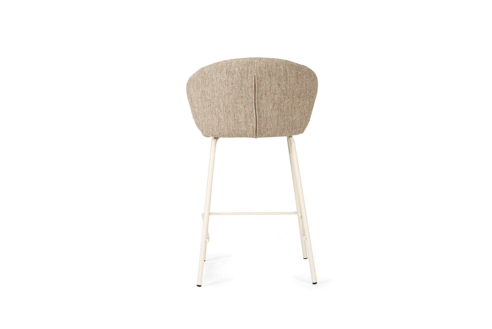 Bellevue Counter Stool with padded Pebble fabric seat and back, slim white powder-coated steel frame, modern elegant design. Back perspective.