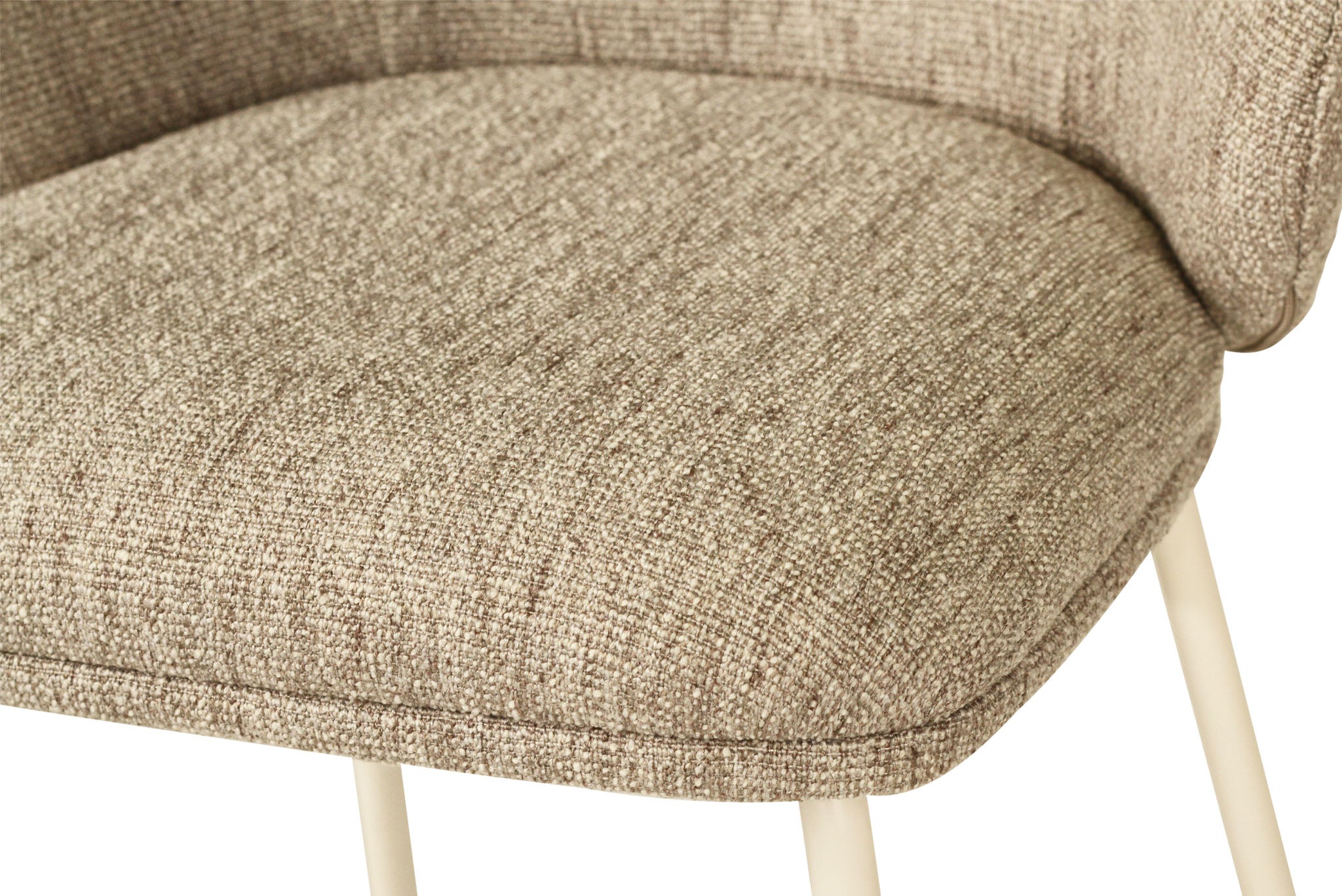 Bellevue Counter Stool with padded Pebble fabric seat and back, slim white powder-coated steel frame, modern elegant design. Seat perspective.