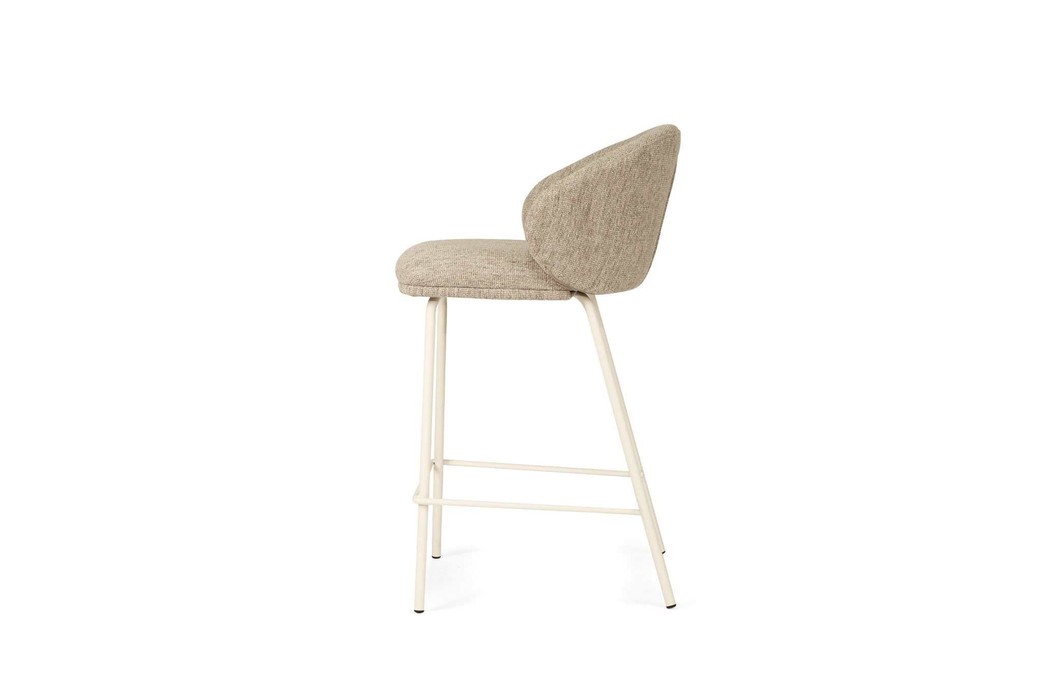 Bellevue Counter Stool with padded Pebble fabric seat and back, slim white powder-coated steel frame, modern elegant design. Side perspective.