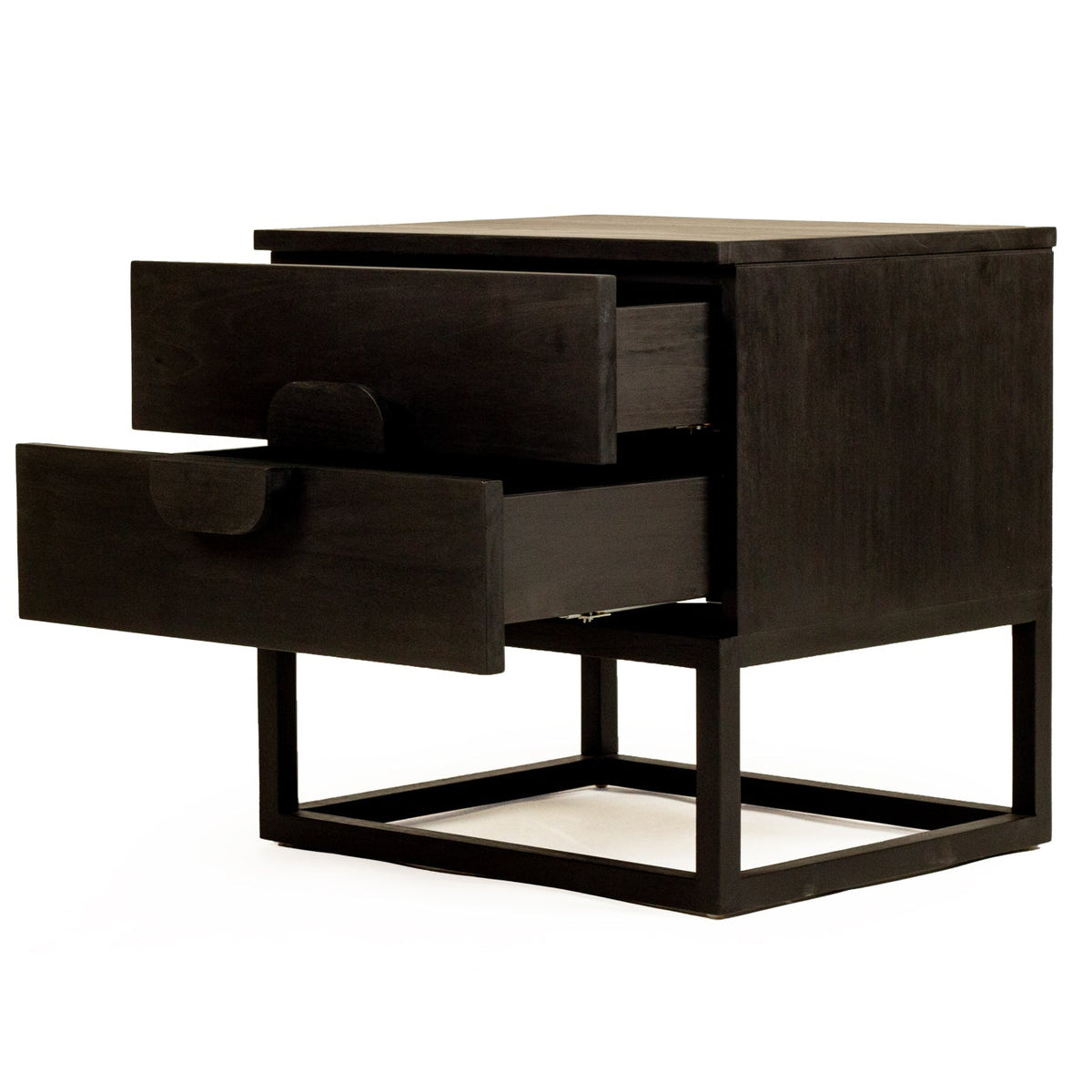 Benji black teak bedside table with two drawers open showing enclosed storage