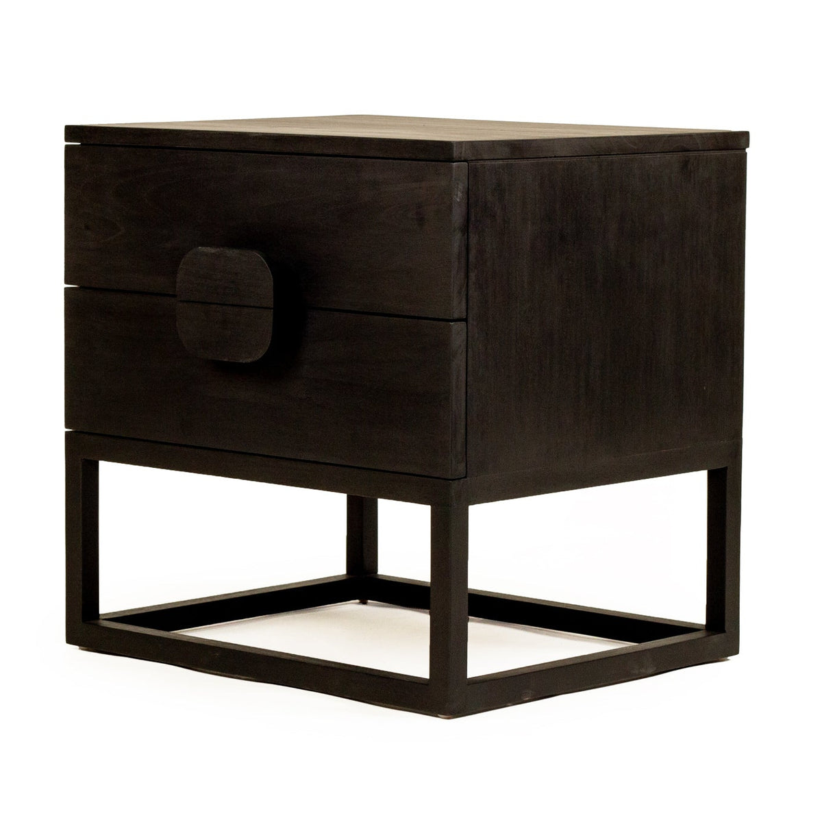 Angled front view of the Benji black teak bedside table showing two drawers and semicircular pulls