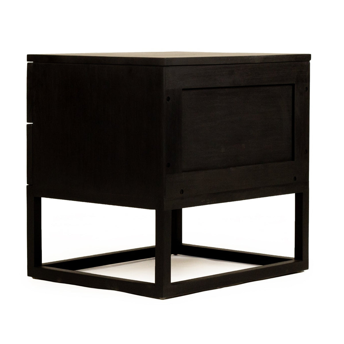 Rear angle view of the Benji black teak bedside table showing its back panel and raised timber base