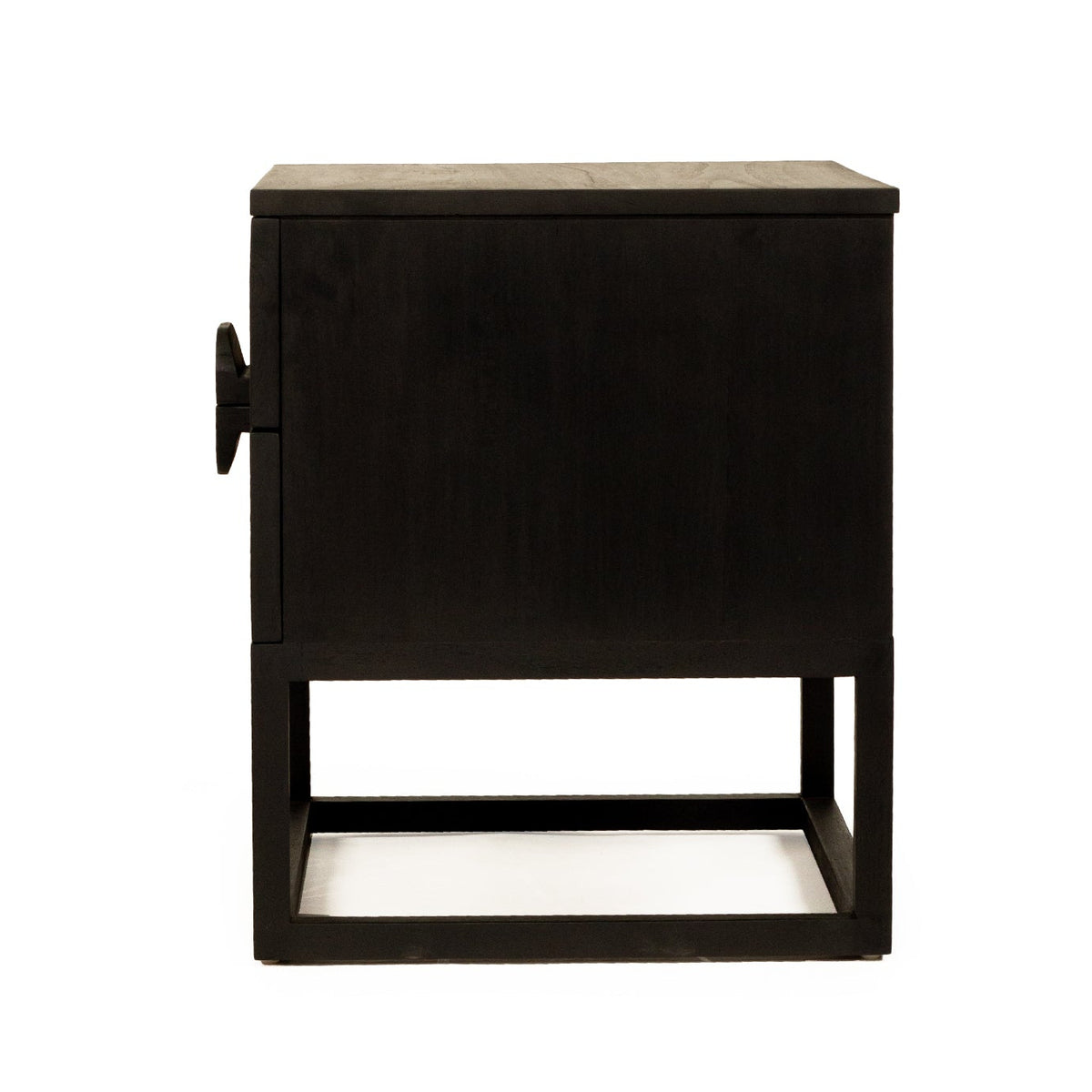 Side view of the Benji black teak bedside table showing its raised timber base