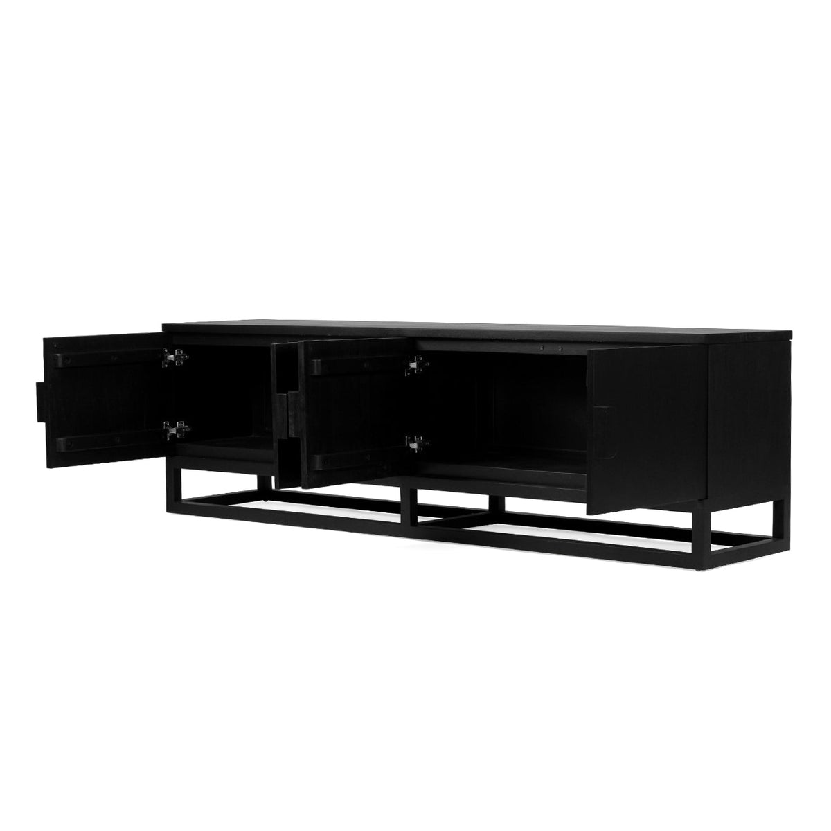 Angled view of the Benji 2m black teak entertainment unit with doors open showing internal storage compartments