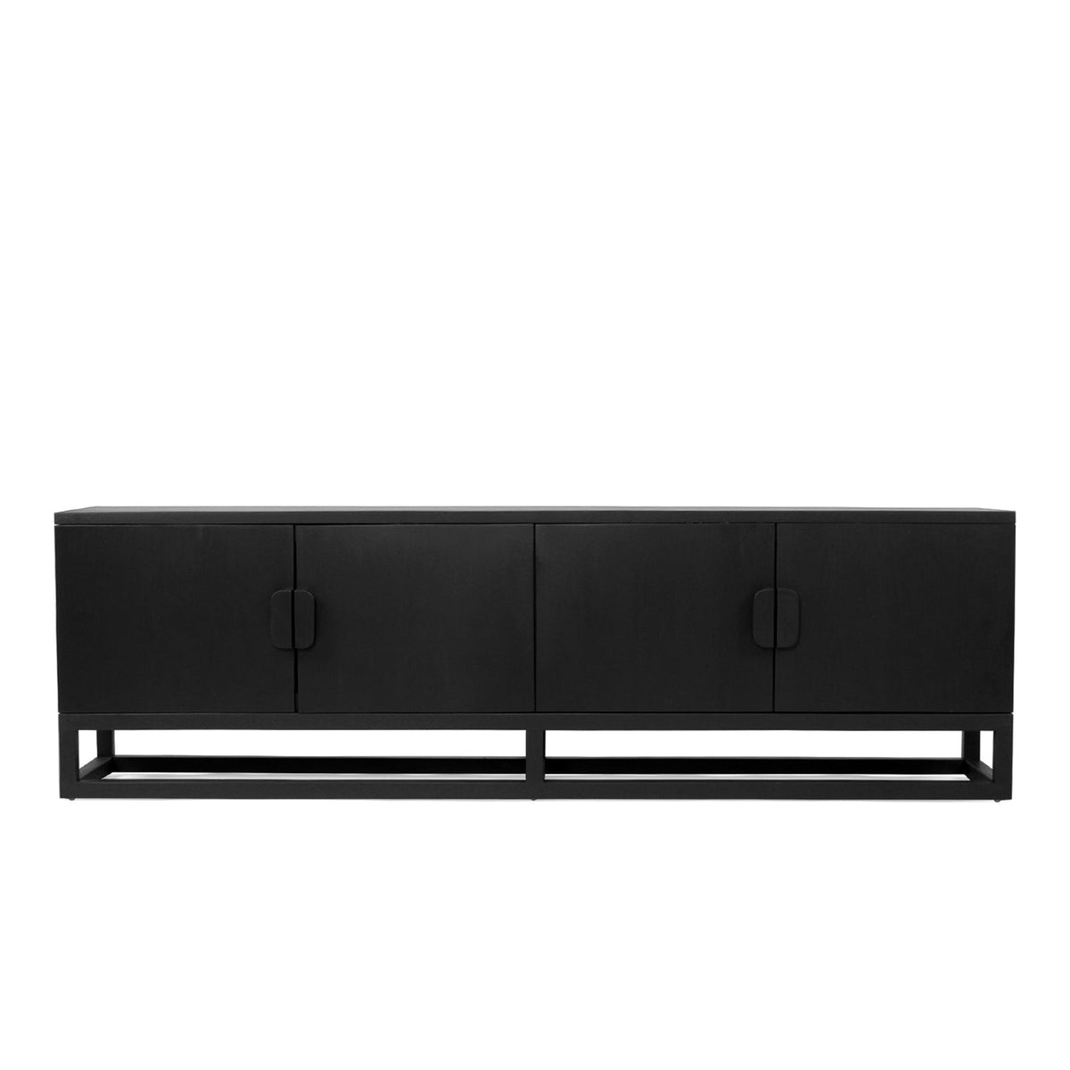 Benji Entertainment Unit 2m Black in solid teak with raised timber base, front view