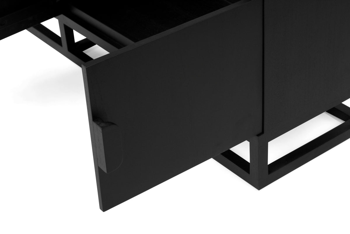 Close-up of an open door and hinge on the Benji 2m black teak entertainment unit