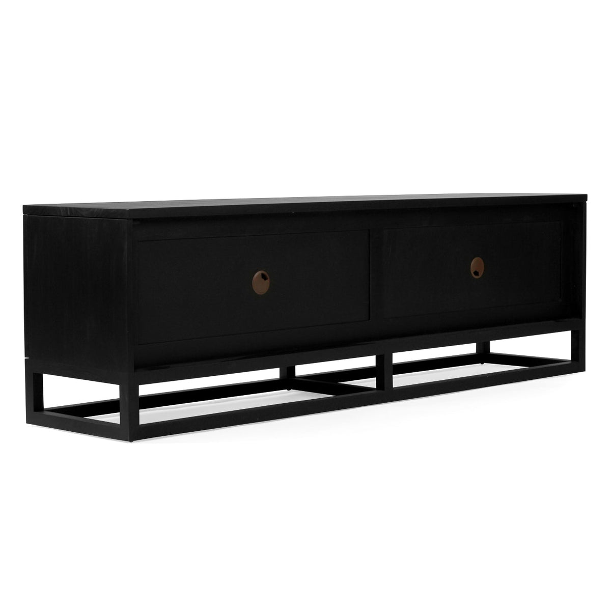 Rear angle view of the Benji 2m black teak entertainment unit showing its back panels and cable ports