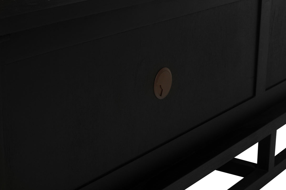 Close-up of a rear cable port and recessed back panel on the Benji 2m black teak entertainment unit