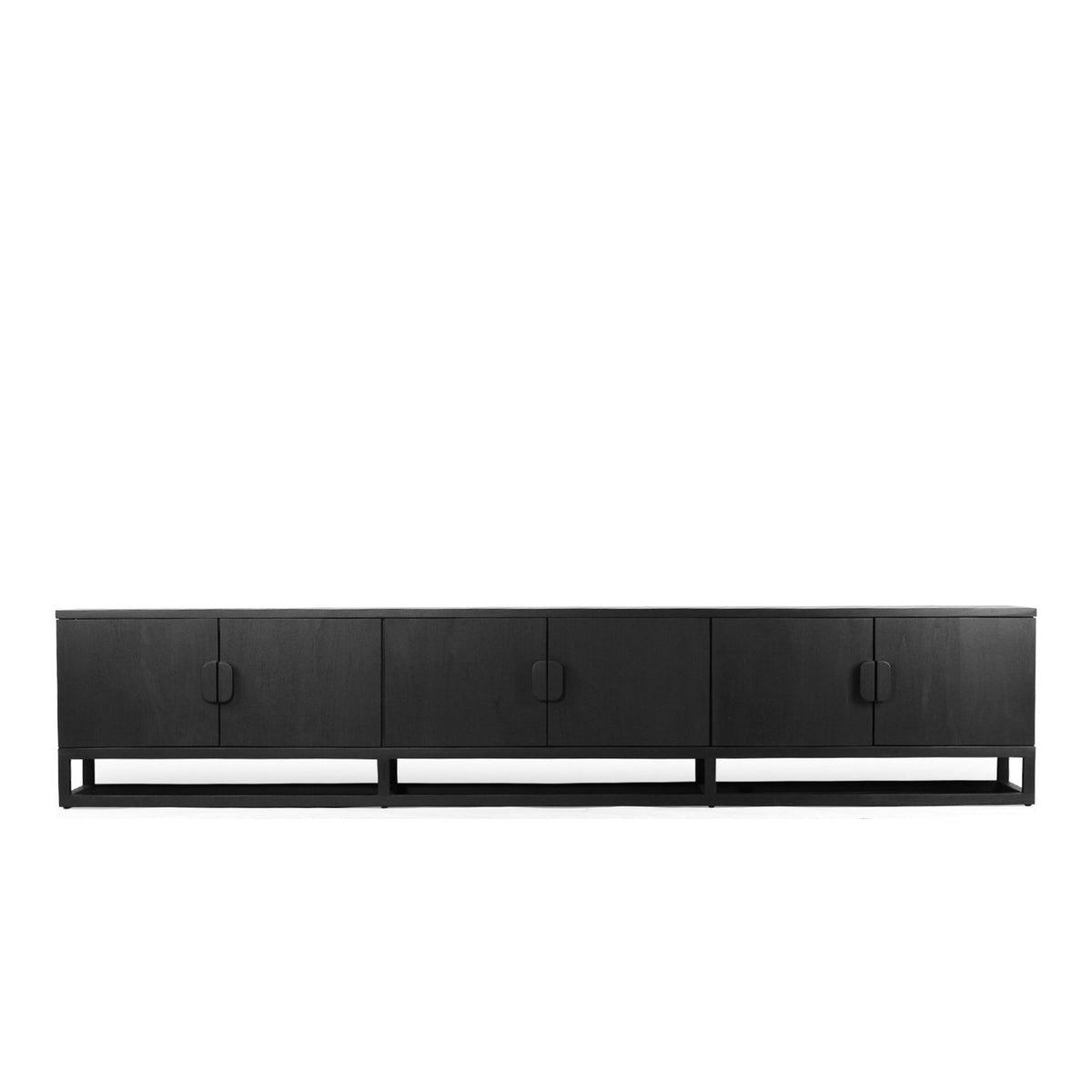 Benji Entertainment Unit 3m Black in solid teak with raised timber base, front view