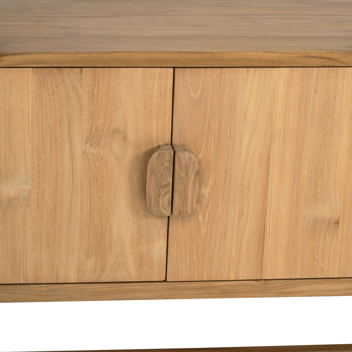Close-up of the Benji natural teak entertainment unit’s door fronts, timber grain and circular handle