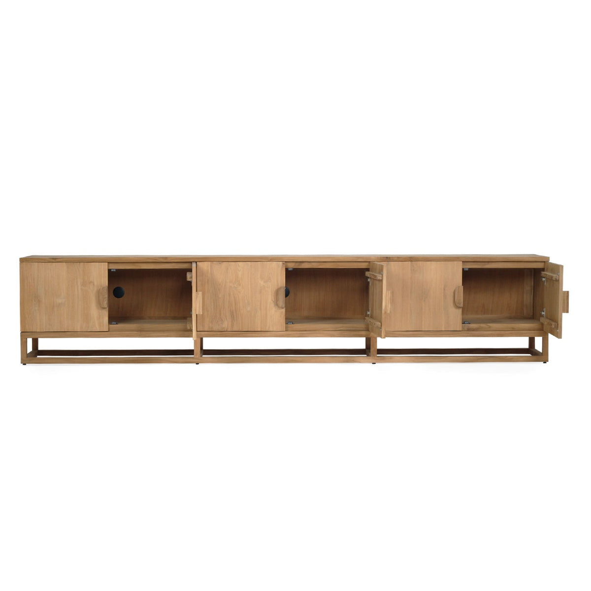 Benji 3m natural teak entertainment unit with doors open showing its six-door storage layout