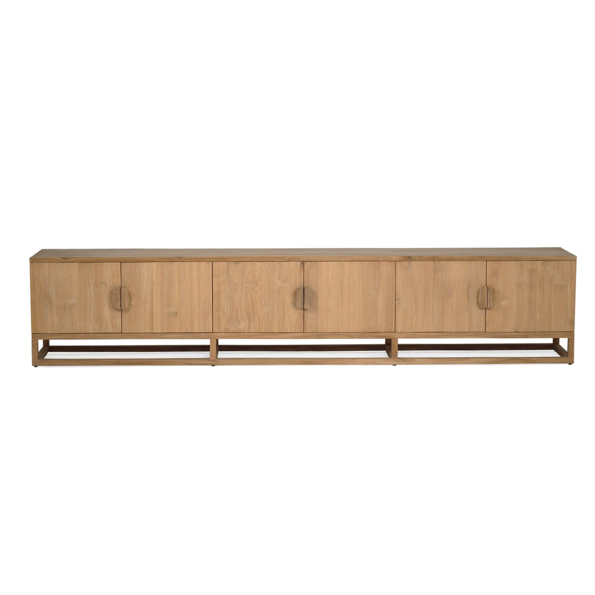 Front view of the Benji 300cm teak entertainment unit showing six doors and circular timber handles