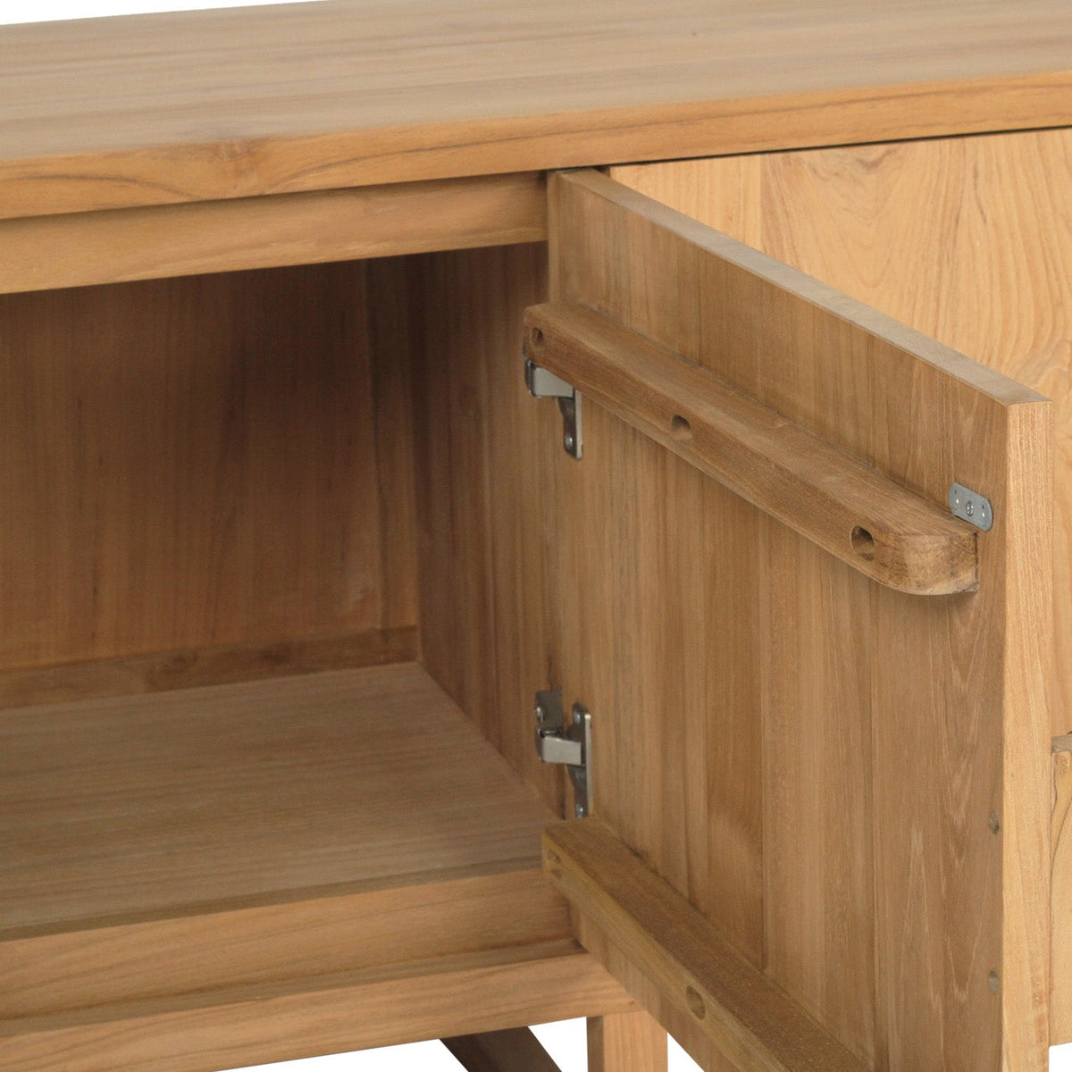 Close-up of the Benji 3m natural teak entertainment unit with an open door showing internal storage and hinges