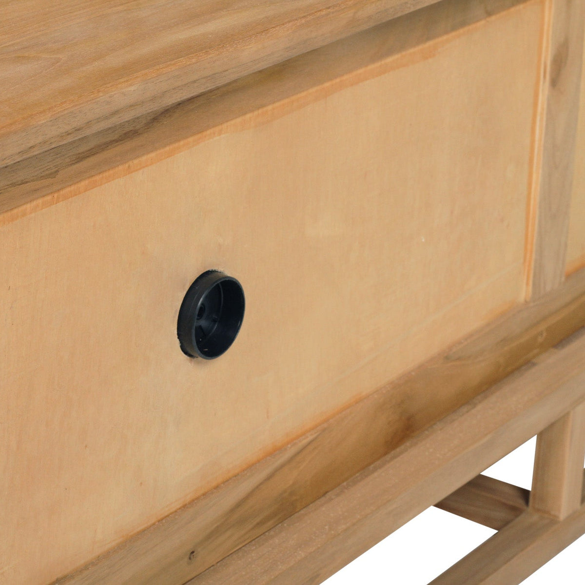 Close-up of the rear cable opening and recessed back on the Benji 3m natural teak entertainment unit