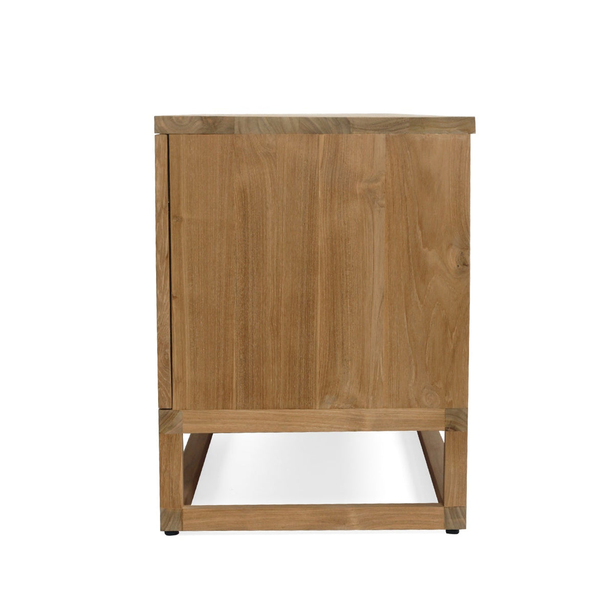 Side view of the Benji natural teak entertainment unit showing its cabinet depth and open base