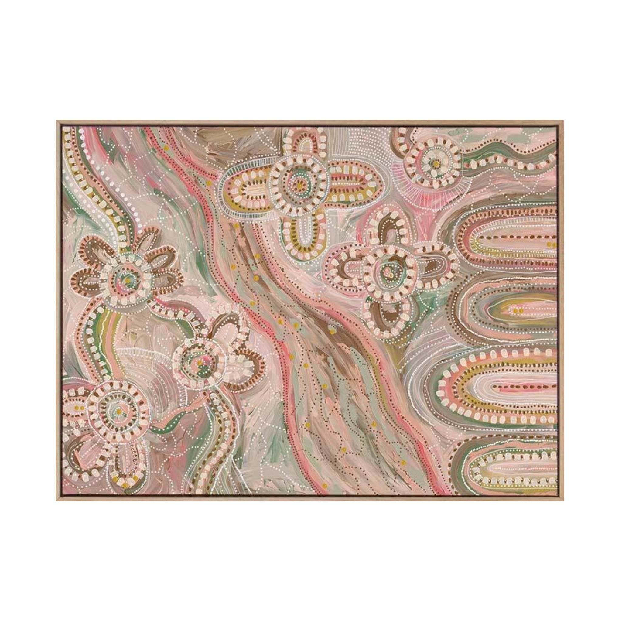 Bila Canvas Art Print – contemporary Indigenous Aboriginal artwork with flowing lines, floral shapes, and intricate dots in earthy brown, rich green, and dusty pink tones.