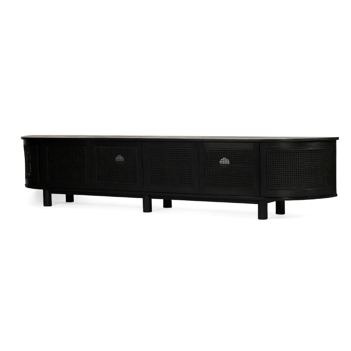 Beach six door entertainment unit in black with curved edges and rattan doors, 300cm solid timber TV unit front angle view