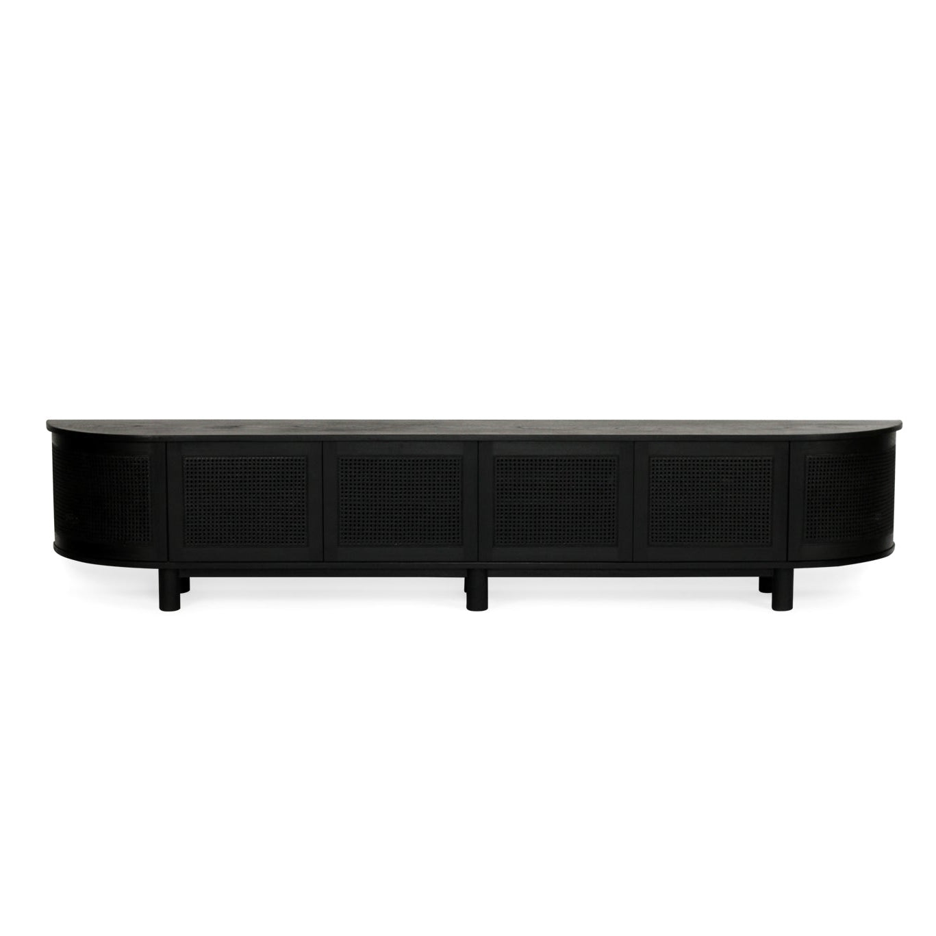 Beach six door entertainment unit in black with curved edges and rattan doors, 300cm solid timber TV unit front tilt view