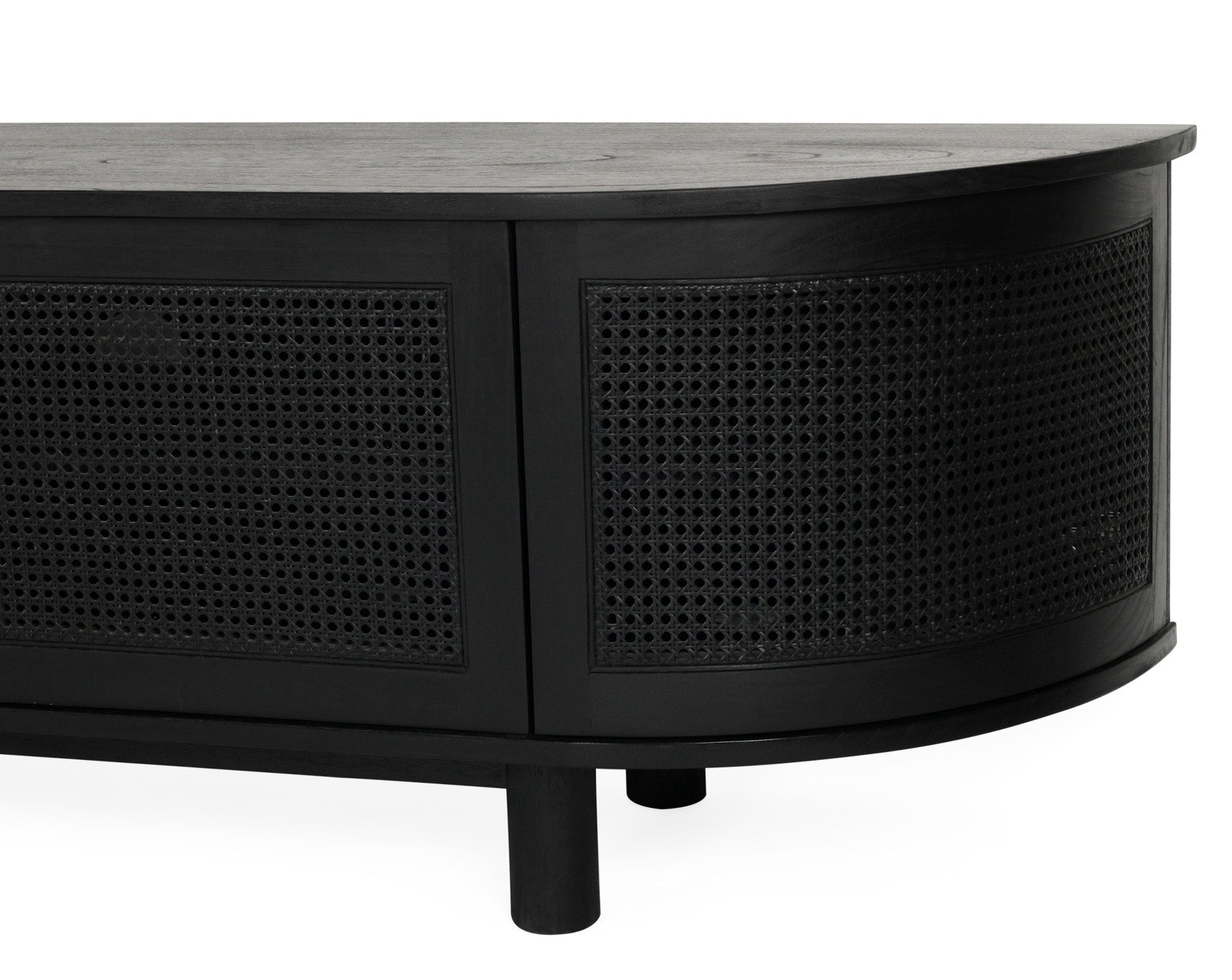 Beach six door entertainment unit in black with curved edges and rattan doors, 300cm solid timber TV unit close up rattan detail