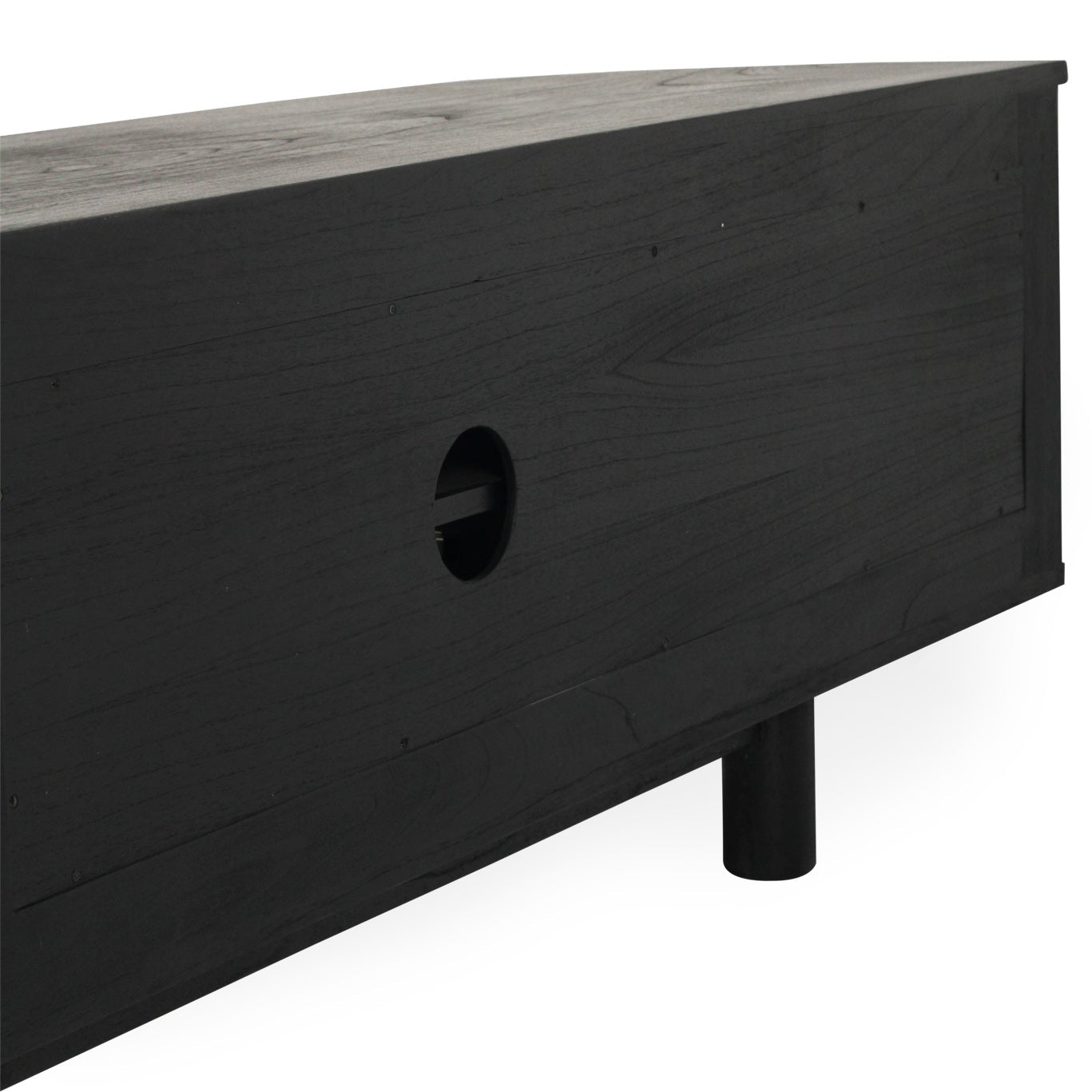 Beach six door entertainment unit in black with curved edges and rattan doors, 300cm solid timber TV unit back view