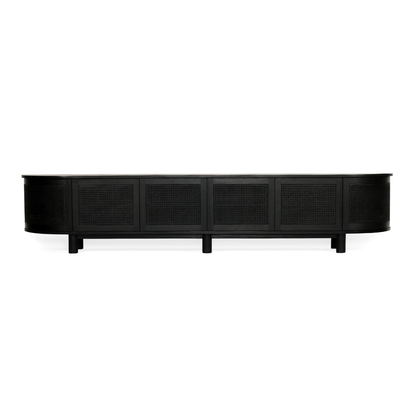 Beach Six Door Entertainment Unit in black with curved edges – a modern, streamlined cabinet ideal for media storage and contemporary living rooms-front view.  Magnolia Lane