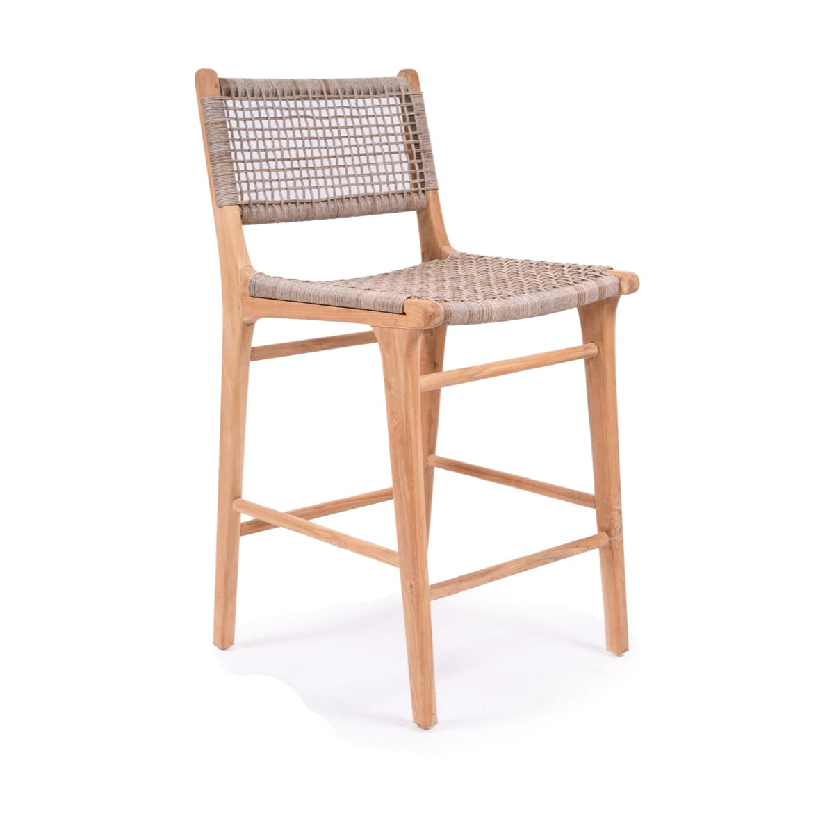 Bondi washed grey woven counter stool with a natural teak frame, front angle view