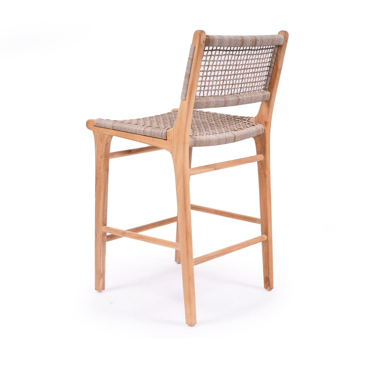 Bondi washed grey woven counter stool with a natural teak frame, rear angle view