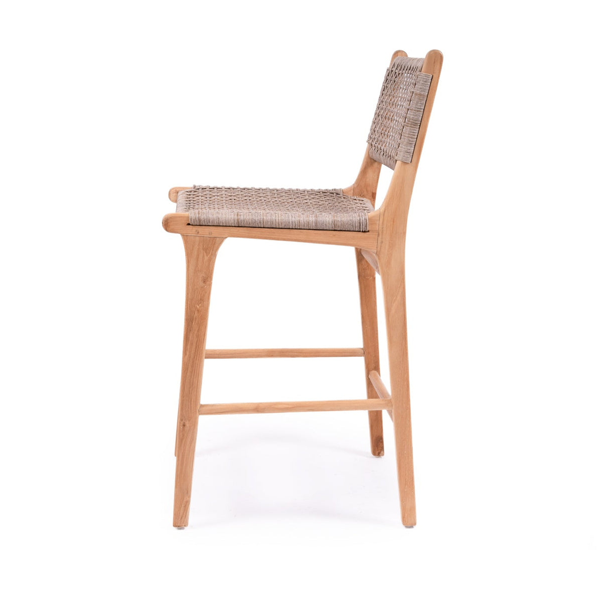 Bondi washed grey counter stool showing its teak frame and footrest, side view