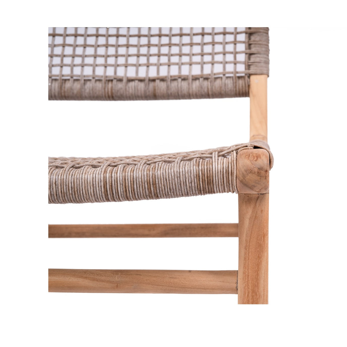 Close-up of the Bondi counter stool’s washed grey woven backrest, seat and teak frame