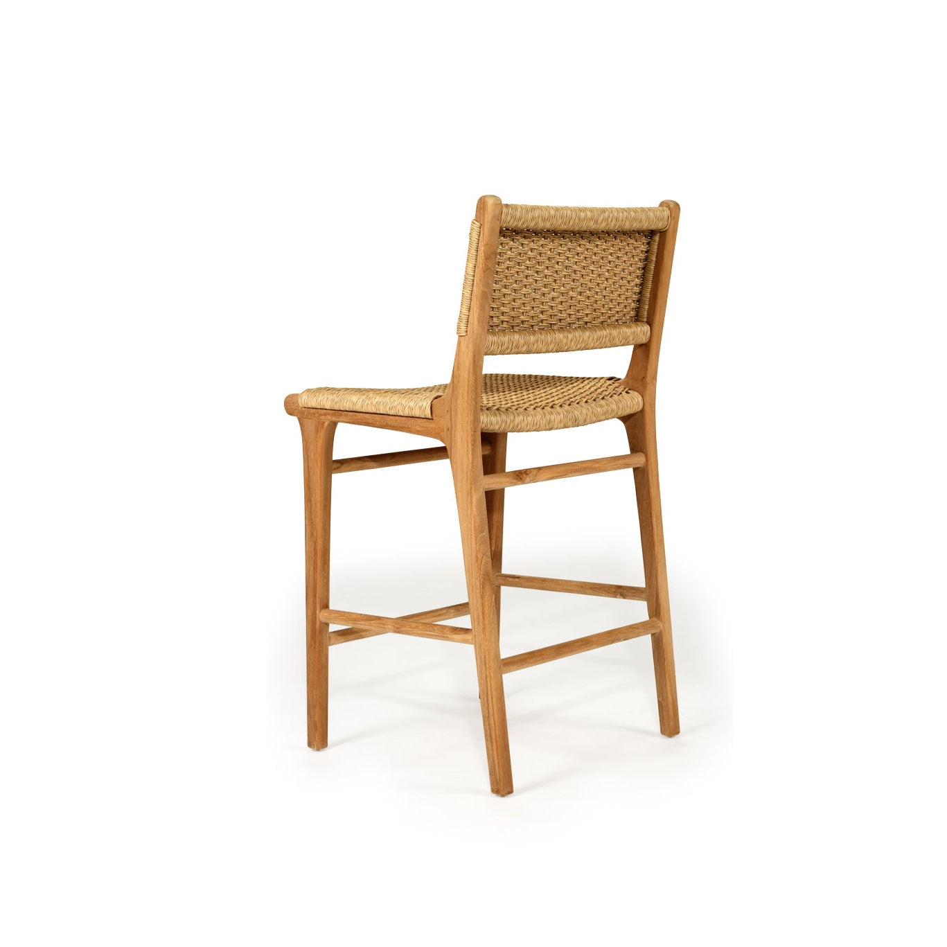 Back angle profile of Cable Beach counter stool with woven backrest and teak frame