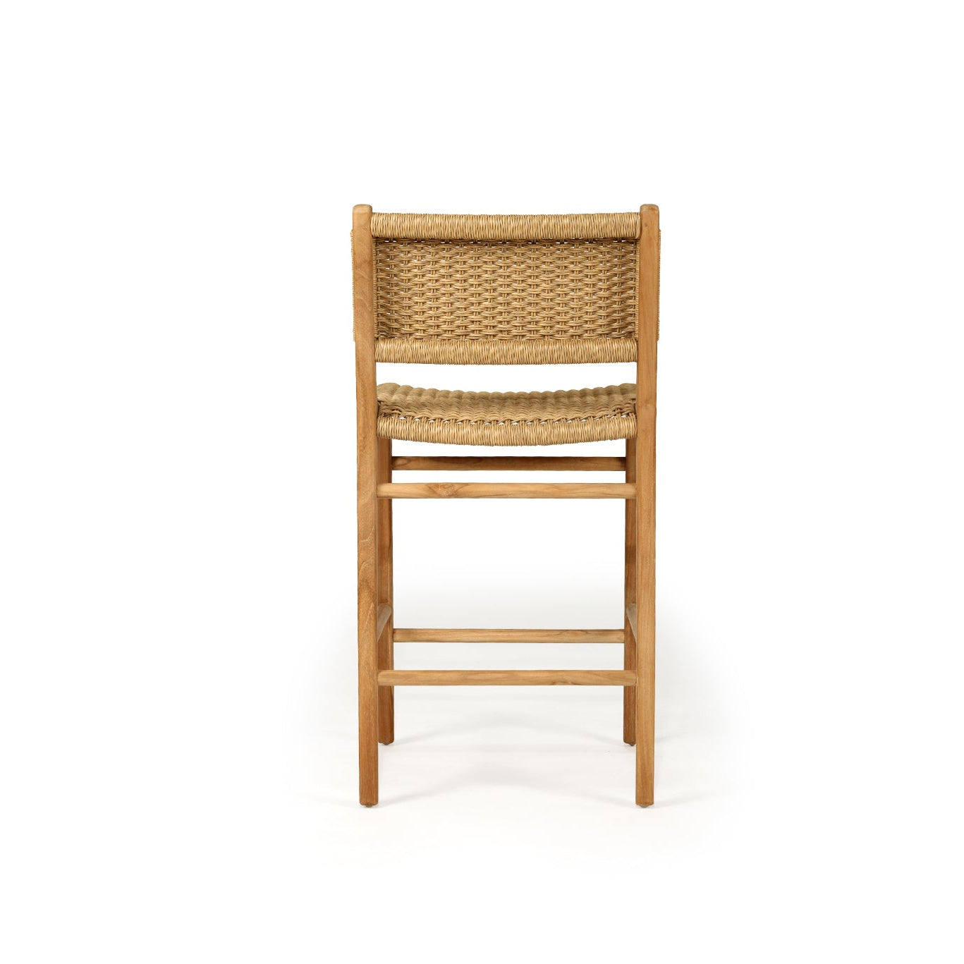 Back profile of Cable Beach counter stool with woven backrest and teak frame