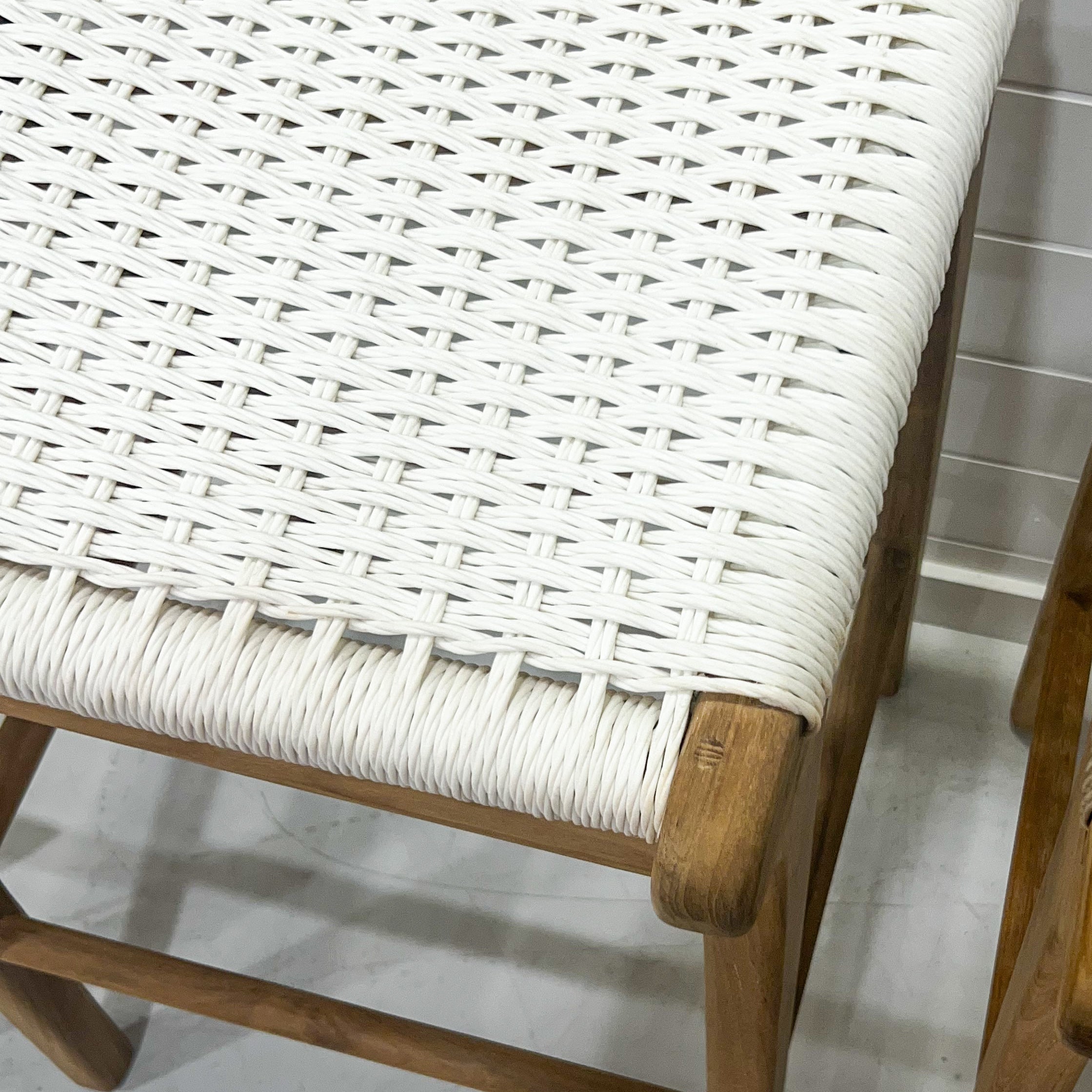 Close-up of white close weave Viro cord seat detailing on Cable Beach counter stool 1