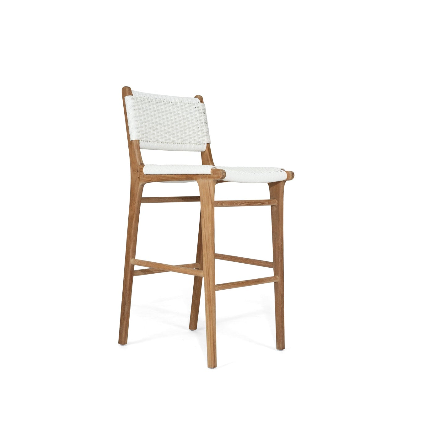 Cable Beach close weave outdoor bar stool with white Viro cord and natural teak frame