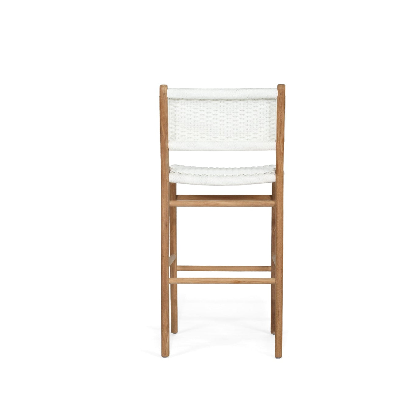 Back profile of Cable Beach outdoor bar stool with woven backrest and teak frame