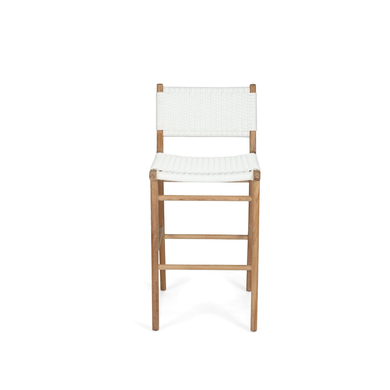 Cable Beach outdoor bar stool in white with solid teak frame and close weave Viro cord-front tilt