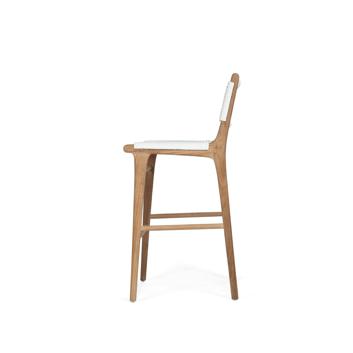 Side profile of Cable Beach outdoor bar stool with woven backrest and teak frame