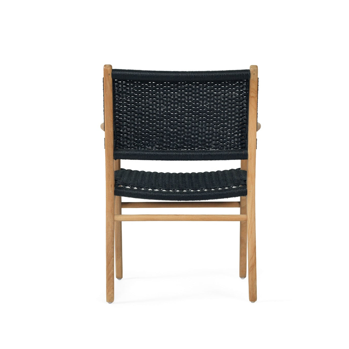 Cable Beach close weave outdoor dining armchair with black Viro cord and natural teak frame-back view